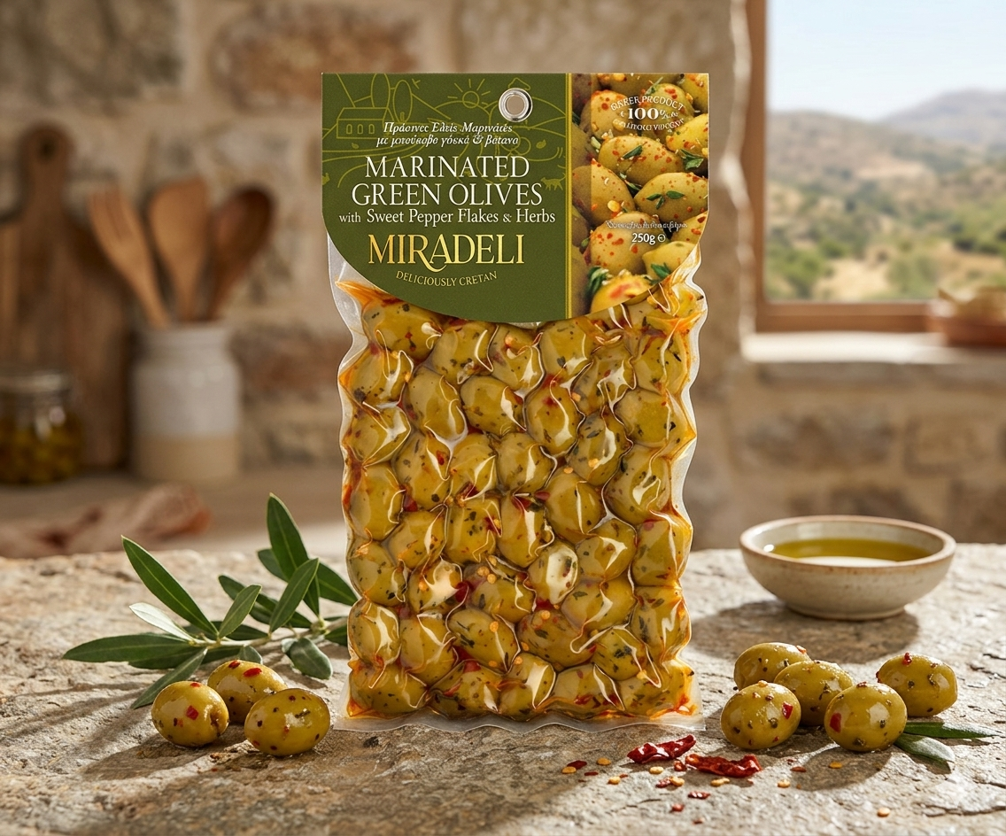 Oliwki zielone ze słodką papryką 250g Vassilakis Estate